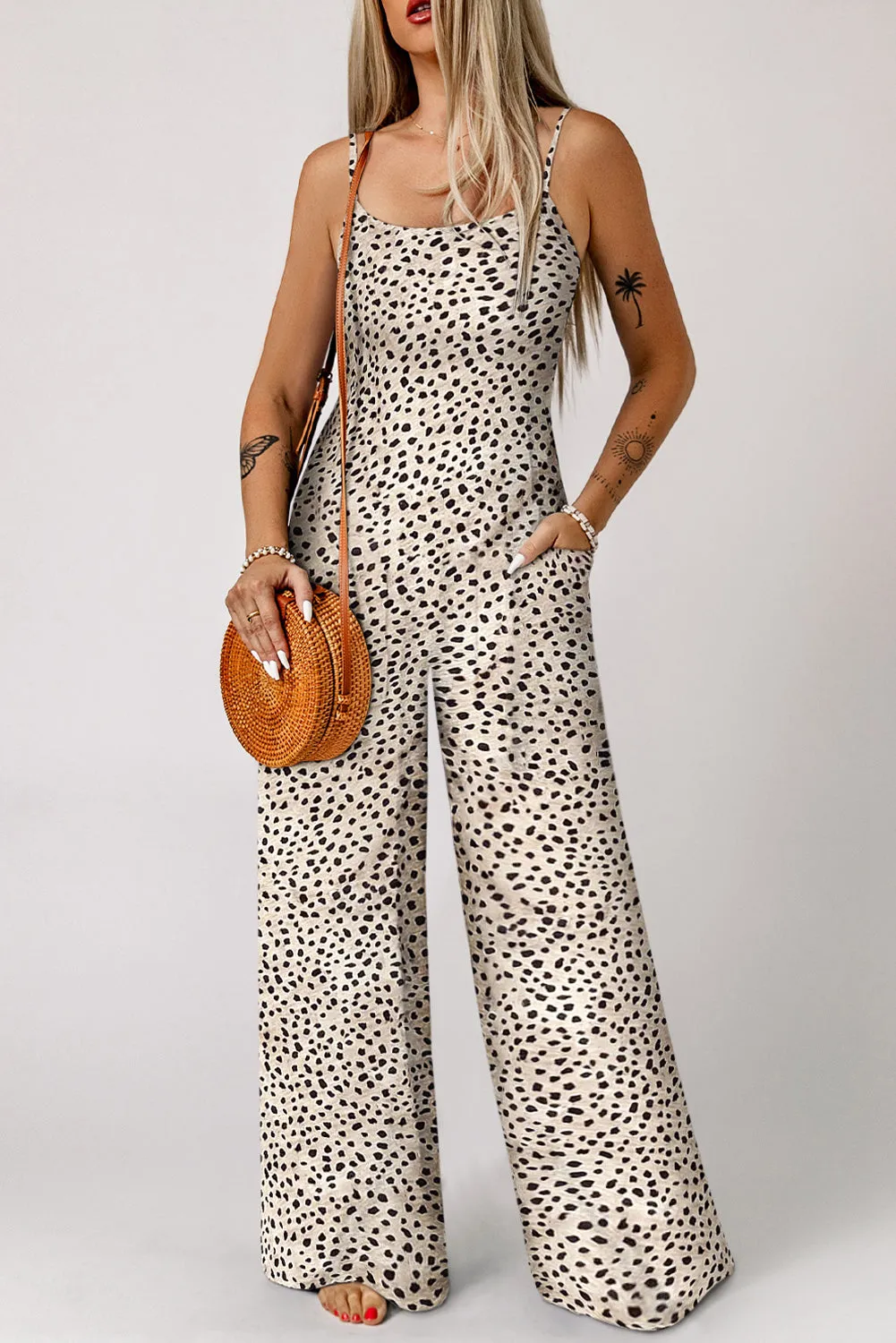 Women's Leopard Print Spaghetti Straps Wide Leg Jumpsuit