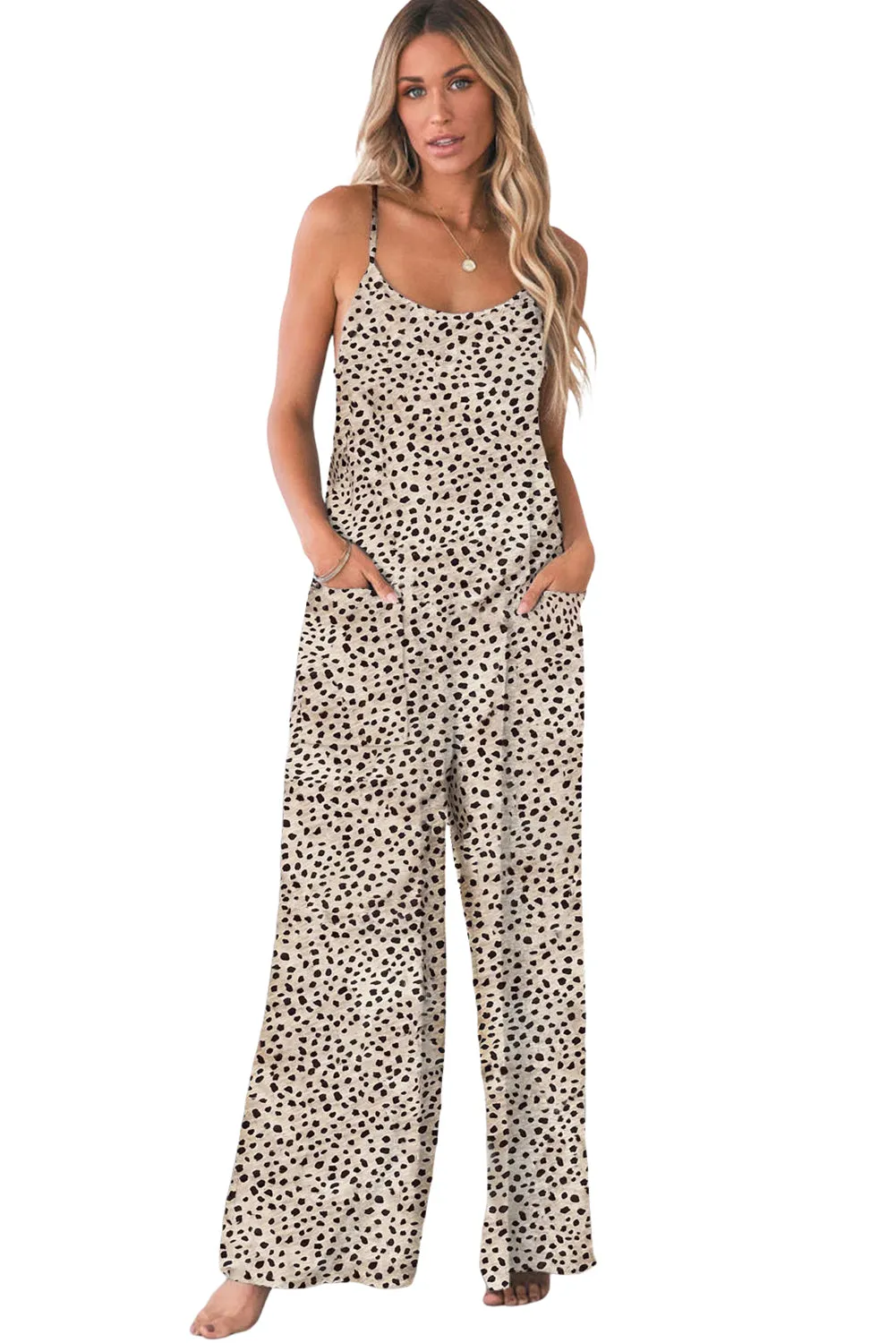 Women's Leopard Print Spaghetti Straps Wide Leg Jumpsuit