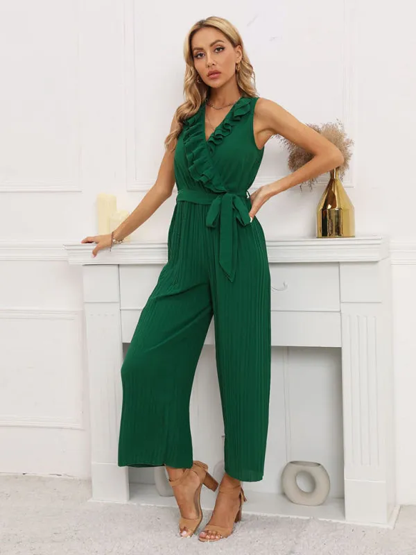 Women's Sleeveless V Neck Ruffle Lace Pleated Jumpsuit