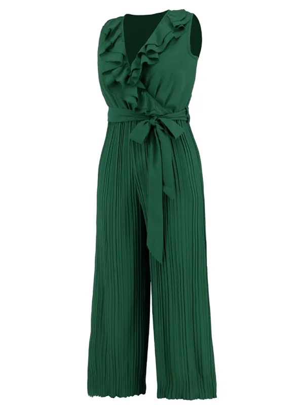 Women's Sleeveless V Neck Ruffle Lace Pleated Jumpsuit