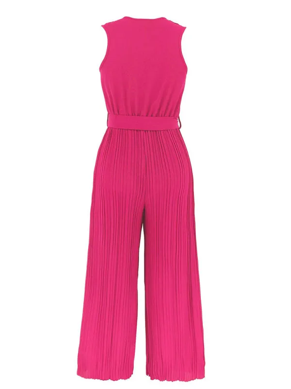 Women's Sleeveless V Neck Ruffle Lace Pleated Jumpsuit