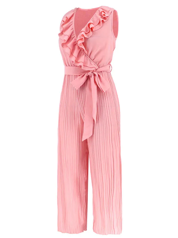 Women's Sleeveless V Neck Ruffle Lace Pleated Jumpsuit