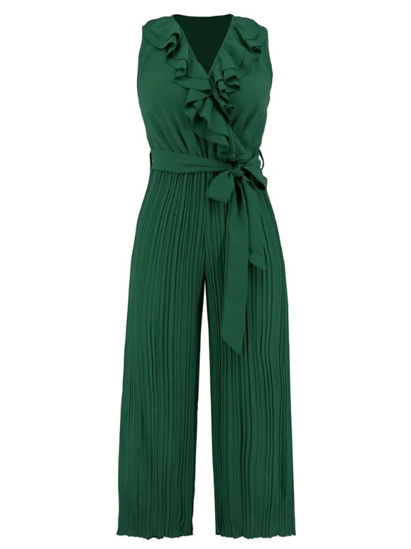 Women's Sleeveless V Neck Ruffle Lace Pleated Jumpsuit