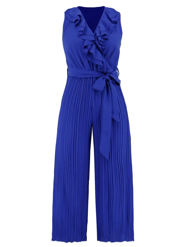 Women's Sleeveless V Neck Ruffle Lace Pleated Jumpsuit