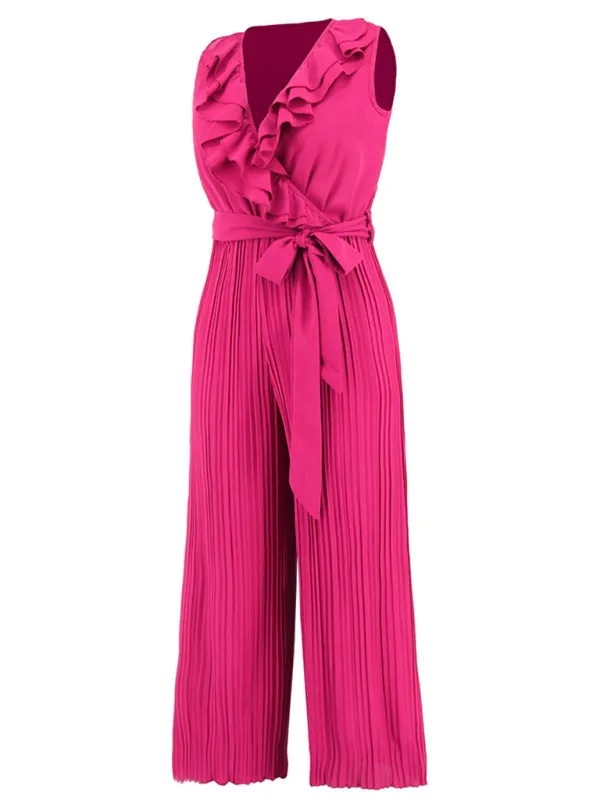 Women's Sleeveless V Neck Ruffle Lace Pleated Jumpsuit